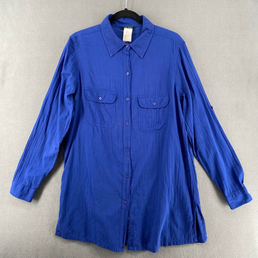 Ralph Lauren Blue Long Sleeve Button Down Shirt Womens L 100% Cotton Loose Fit - Picture 3 of 16